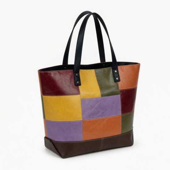 Multicolor Faux Leather Tote Bag Patchwork Shoulder for Women