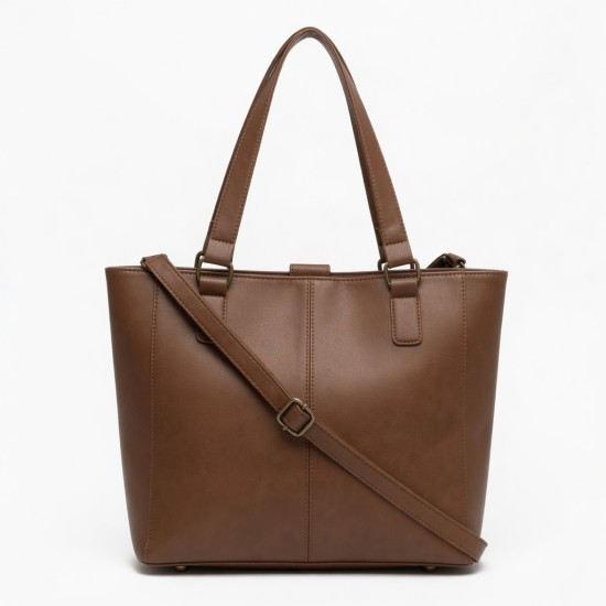 Brown Faux Leather Tote Bag Triple Compartment for Women