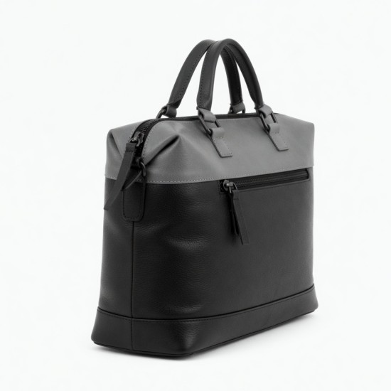 Black Gray Leather Handbag Zipped Top Handle for Women