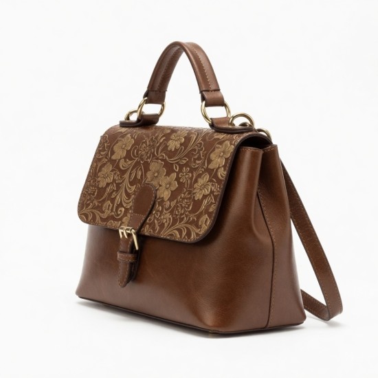 Brown Gold Leather Satchel Top Handle Floral Embossed for Women