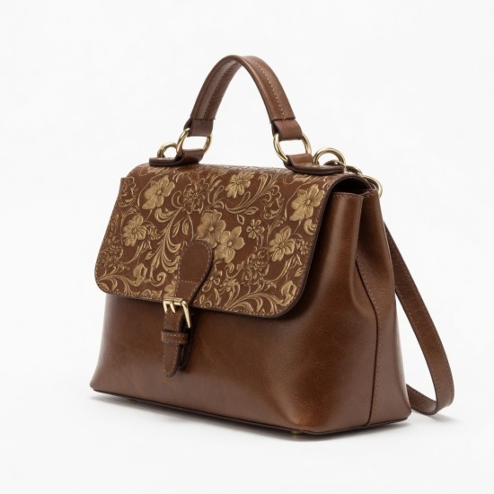 Brown Gold Leather Satchel Top Handle Floral Embossed for Women