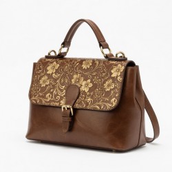 Brown Gold Leather Satchel Top Handle Floral Embossed for Women