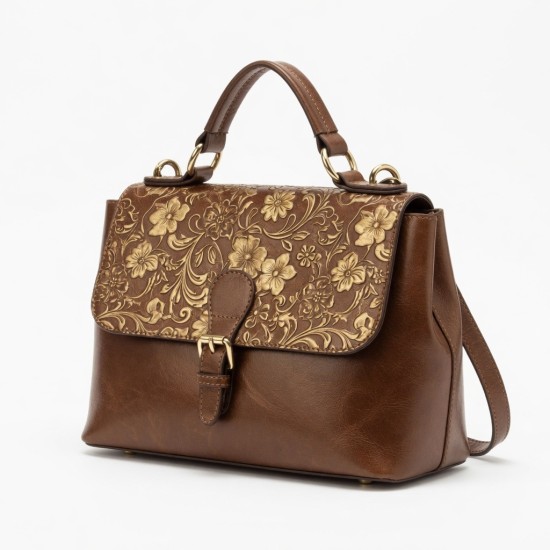 Brown Gold Leather Satchel Top Handle Floral Embossed for Women
