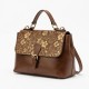 Brown Gold Leather Satchel Top Handle Floral Embossed for Women